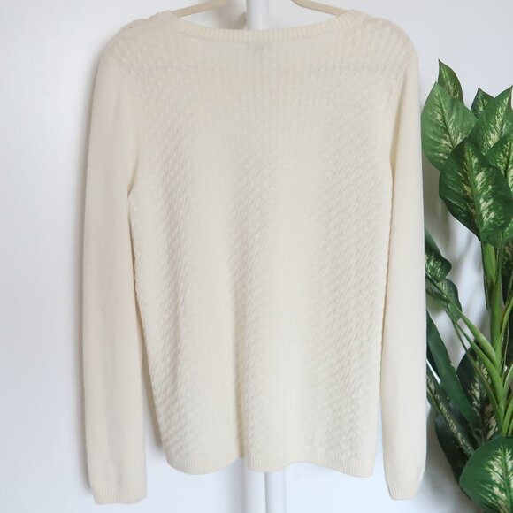 Talbots Cream Fringe Trim Textured Knit Sweater Wool Blend Pullover Size L Large - Picture 3 of 7